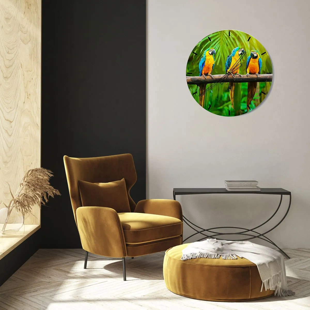 Nástenné hodiny - Tri papagáje ara na konári v tropickom prostredí - 30x30cm - Počula si, že ona…? - Moderná nástenná dekorácia do obývacej izby, kuchyne a spálne ARTTOR