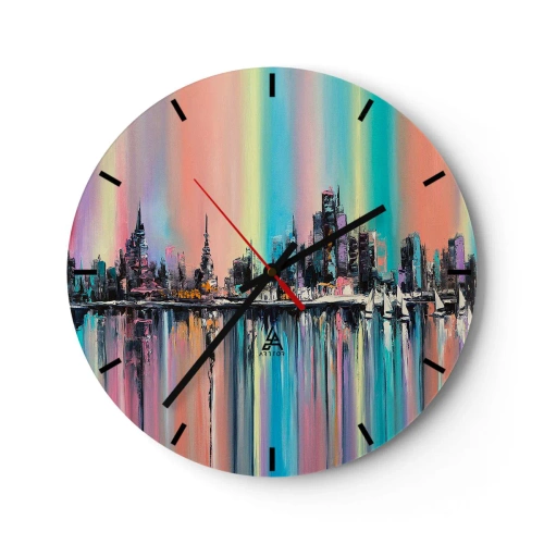 Nástenné hodiny - Farebná panoráma mesta odrážajúca sa vo vode - 30x30cm - Nočný prúd svetla - Moderná nástenná dekorácia do obývacej izby, kuchyne a spálne ARTTOR