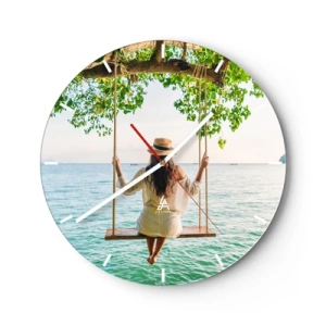 Nástenné hodiny - Žena na hojdačke pri mori v letnom prostredí - 30x30cm - Život je krásny - Moderná nástenná dekorácia do obývacej izby, kuchyne a spálne ARTTOR