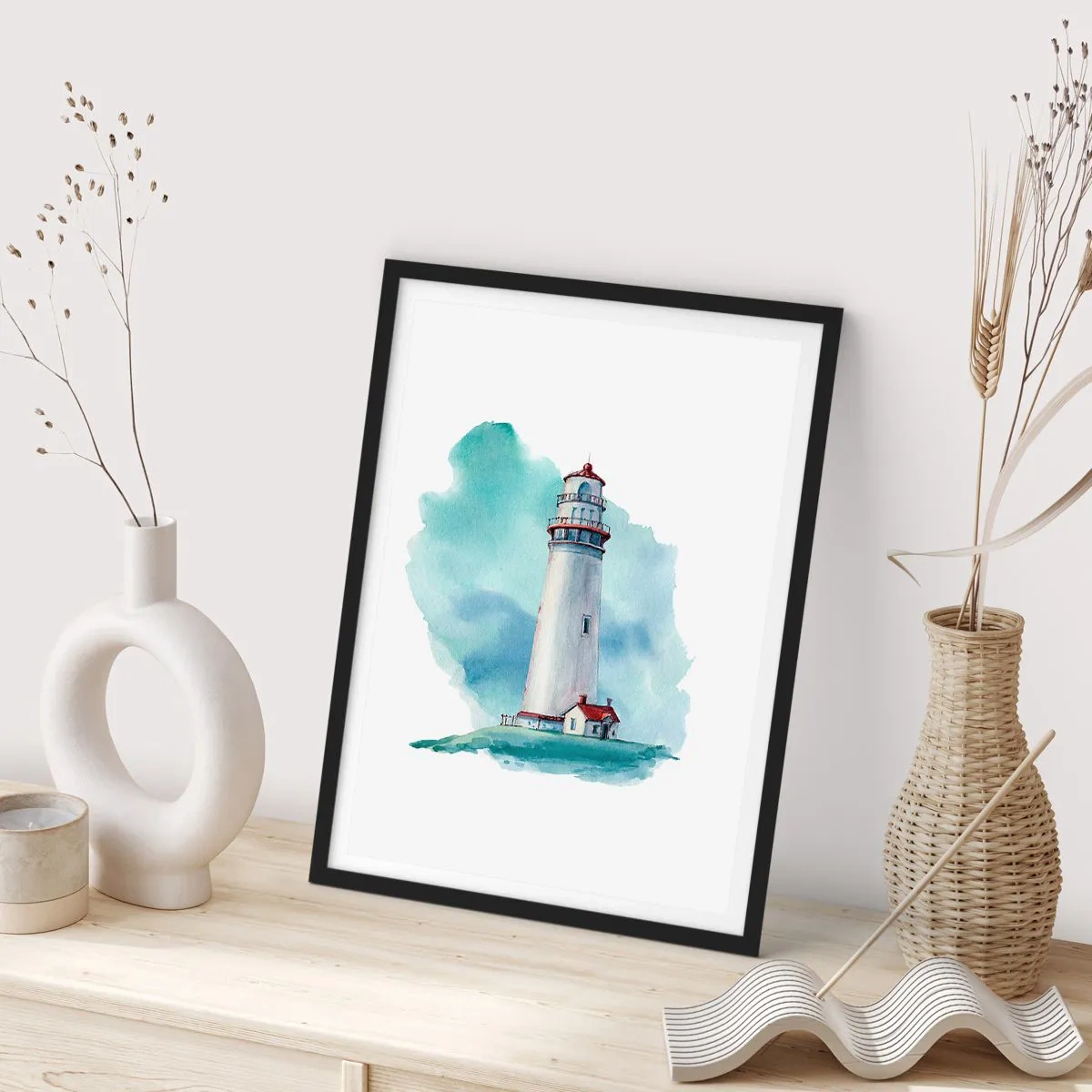 Plagát v čiernom ráme - Maliarska ilustrácia majáka obklopeného modrou oblohou. - 50x70cm - Nežná sestra blankytu - Moderná nástenná dekorácia do obývacej izby a spálne ARTTOR
