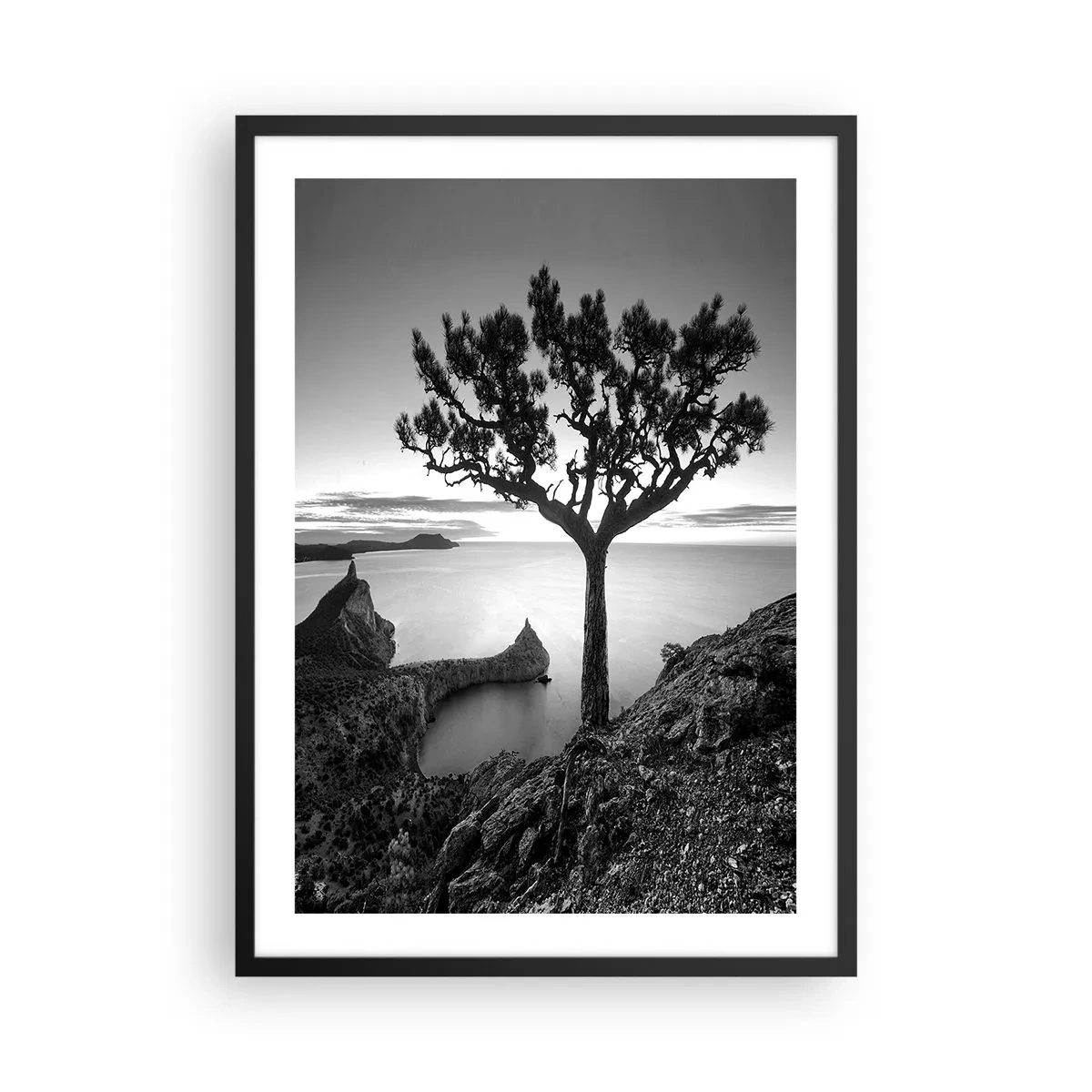 Plagát v čiernom ráme - Čiernobiela krajina s osamelým stromom nad útesom - 50x70cm - Pokoj až k horizontu - Moderná nástenná dekorácia do obývacej izby a spálne ARTTOR