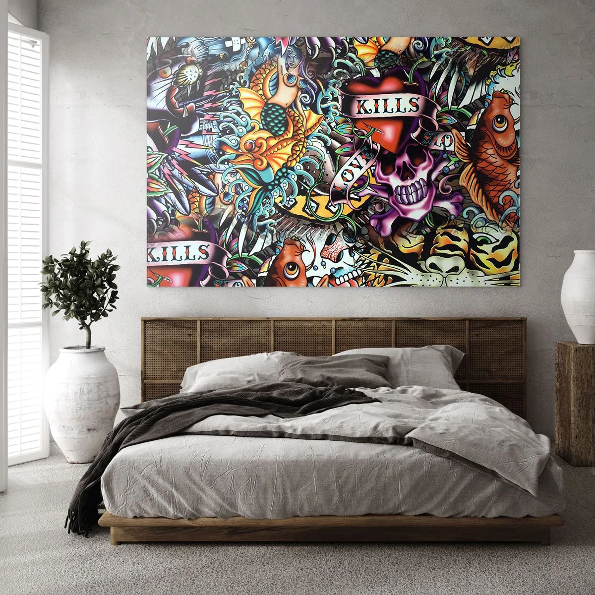 Obraz na skle - Farebná kompozícia vzorov inšpirovaných tetovacími technikami - 70x50cm - Sen tatéra - Moderná nástenná dekorácia do obývacej izby a spálne ARTTOR