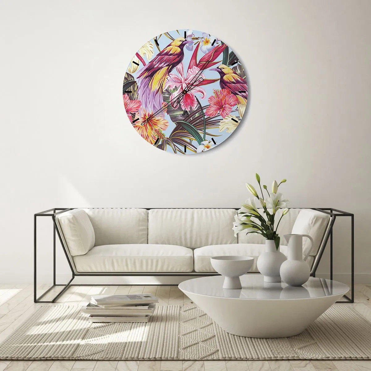 Nástenné hodiny - Farebné vtáky medzi tropickými kvetmi a listami - 30x30cm - Plátky a pierka - Moderná nástenná dekorácia do obývacej izby, kuchyne a spálne ARTTOR