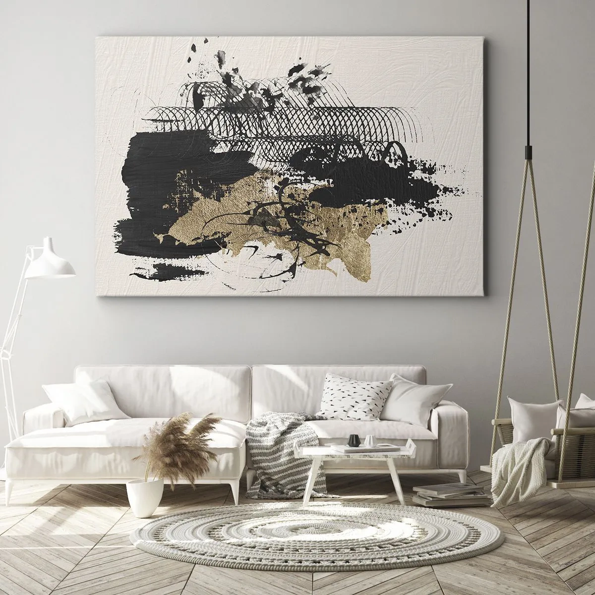 Obraz na plátne - Abstraktný obraz v čiernej a zlatej farbe s dynamickými líniami a štruktúrami. - 70x50cm - Kompozícia s vášňou - Moderná nástenná dekorácia do obývacej izby a spálne ARTTOR