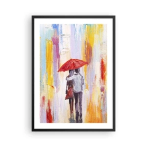 Plagát v čiernom ráme - Romantická scéna s párom pod červeným dáždnikom na pozadí mesta. - 50x70cm - Nech prší ďalej - Moderná nástenná dekorácia do obývacej izby a spálne ARTTOR