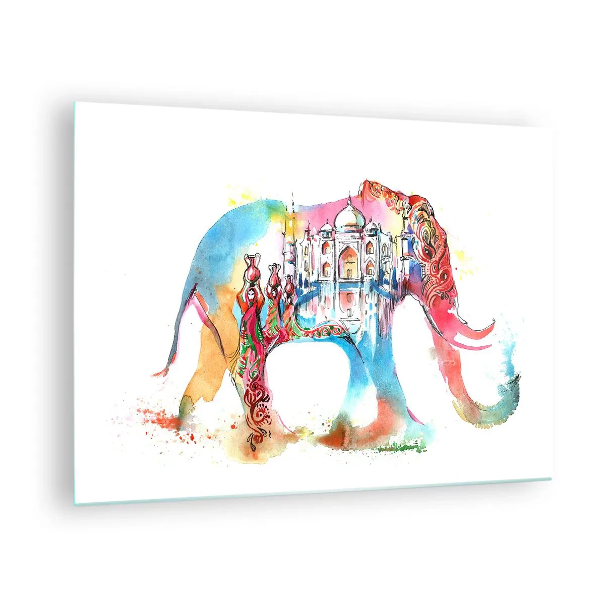 Obraz na skle - Farebná akvarelová maľba slona s indickým motívom - 70x50cm - India - aura lásky - Moderná nástenná dekorácia do obývacej izby a spálne ARTTOR