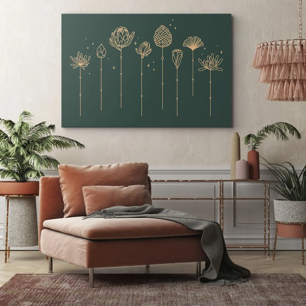 Obraz na plátne - Zlaté kresby bylín na tmavozelenom pozadí - 70x50cm - Bylinky - Moderná nástenná dekorácia do obývacej izby a spálne ARTTOR