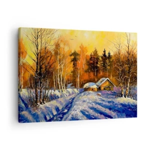 Obraz na plátne - Zimná krajina s domom vo svetle zapadajúceho slnka - 70x50cm - Zimná impresia v slnku - Moderná nástenná dekorácia do obývacej izby a spálne ARTTOR
