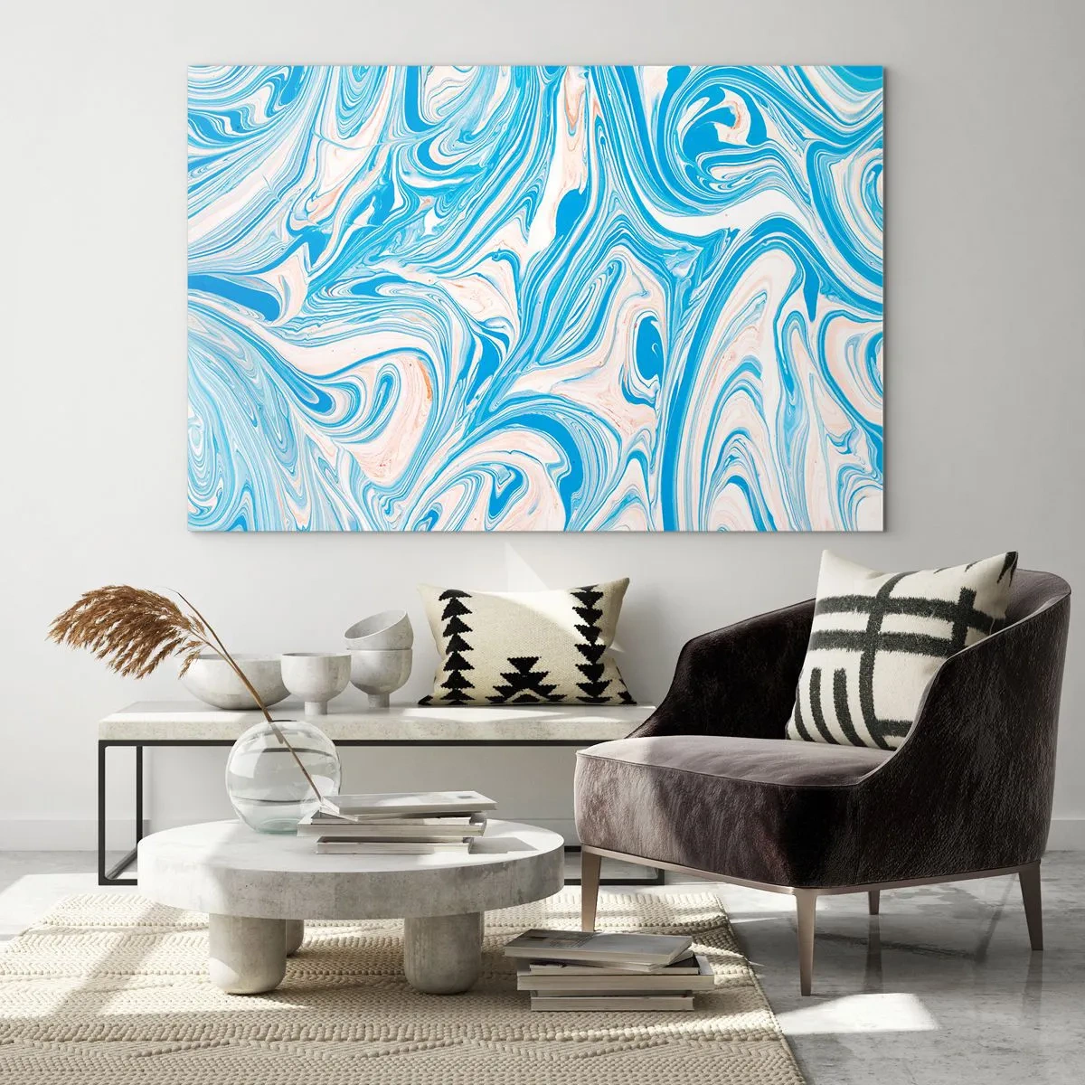 Obraz na skle - Abstraktný vzor v tyrkysových a béžových odtieňoch - 70x50cm - Lagúna v tyrkyse - Moderná nástenná dekorácia do obývacej izby a spálne ARTTOR