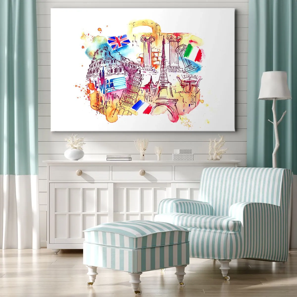 Obraz na plátne - Akvarel európskych symbolov s vlajkami krajín - 70x50cm - Európske turné - Moderná nástenná dekorácia do obývacej izby a spálne ARTTOR