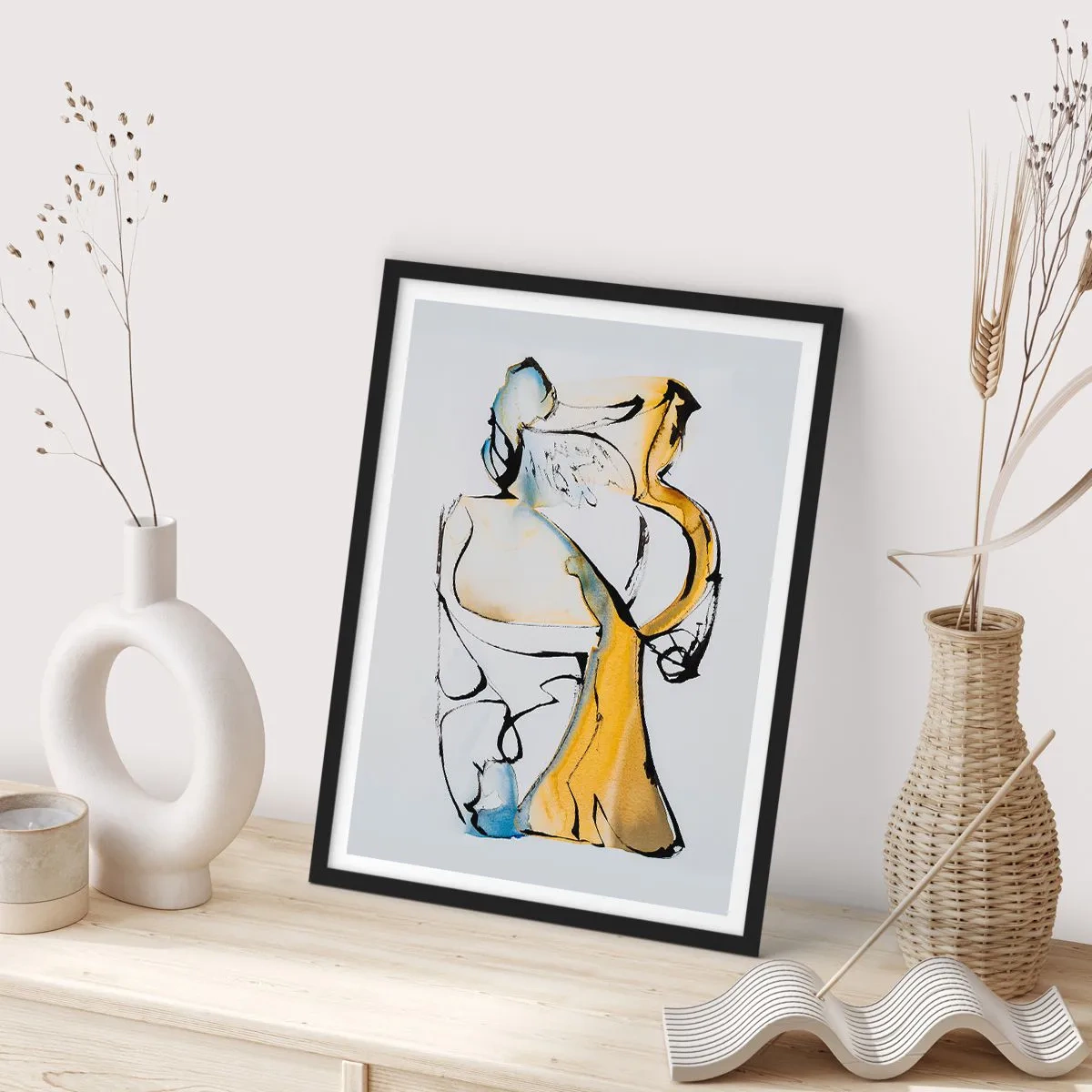 Plagát v čiernom ráme - Abstraktná postava v čiernej, žltej a modrej farbe, vyjadrujúca pohyb a emócie. - 50x70cm - Sklenená abstrakcia - Moderná nástenná dekorácia do obývacej izby a spálne ARTTOR