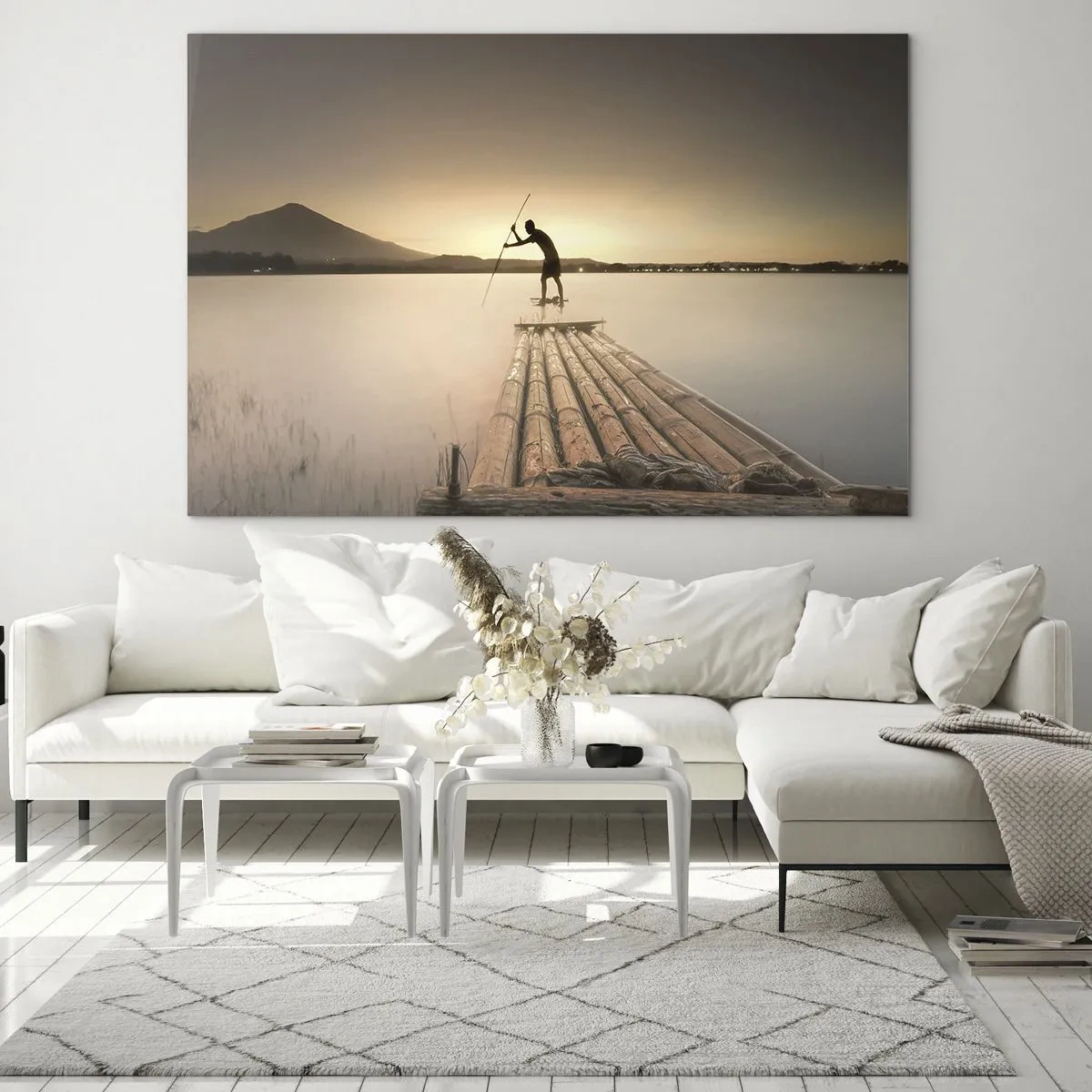 Obraz na skle - Rybár na bambusovom plti za súmraku - 70x50cm - Pred odpočinkom - Moderná nástenná dekorácia do obývacej izby a spálne ARTTOR