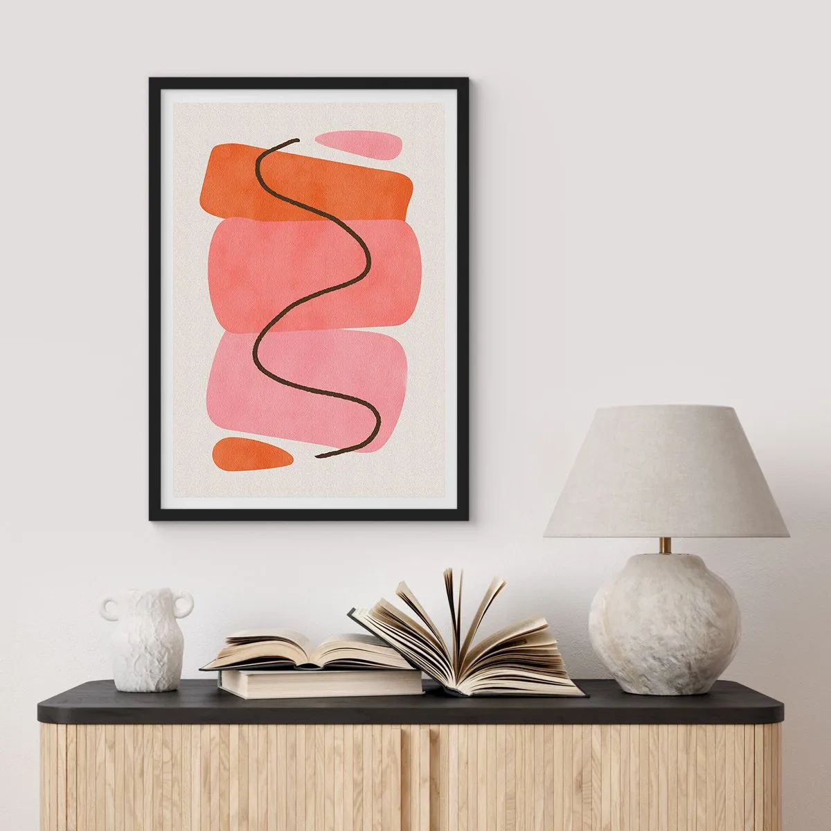 Plagát v čiernom ráme - Abstraktná kompozícia geometrických tvarov - 50x70cm - Jemný pohyb foriem - Moderná nástenná dekorácia do obývacej izby a spálne ARTTOR
