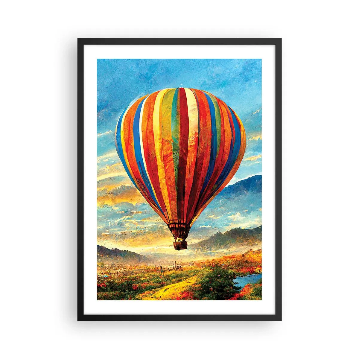 Plagát v čiernom ráme - Farebný balón nad malebnou krajinou - 50x70cm - V tichu je toho vidieť viac - Moderná nástenná dekorácia do obývacej izby a spálne ARTTOR
