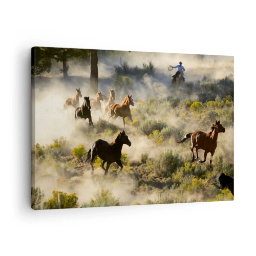 Obraz na plátne - Stádo divých koní cválajúcich prachom a vegetáciou - 70x50cm - Rivalita - sloboda alebo mužská sila? - Moderná nástenná dekorácia do obývacej izby a spálne ARTTOR