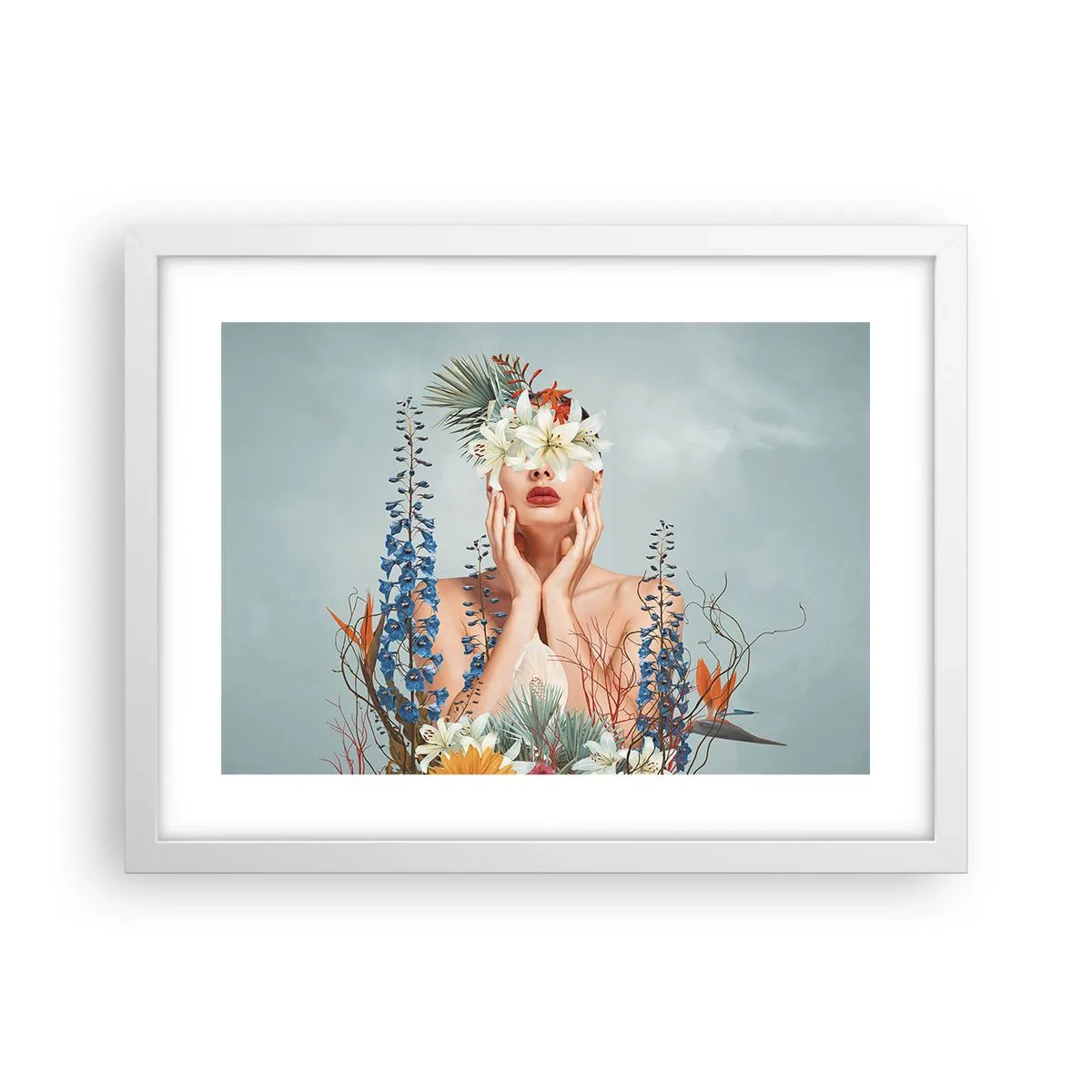 Plagát v bielom ráme - Žena – kvetina - 40x30 cm