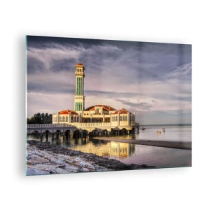 Obraz na skle - Mešita na vode v malebnom svetle - 70x50cm - Svätyňa prírody - Moderná nástenná dekorácia do obývacej izby a spálne ARTTOR