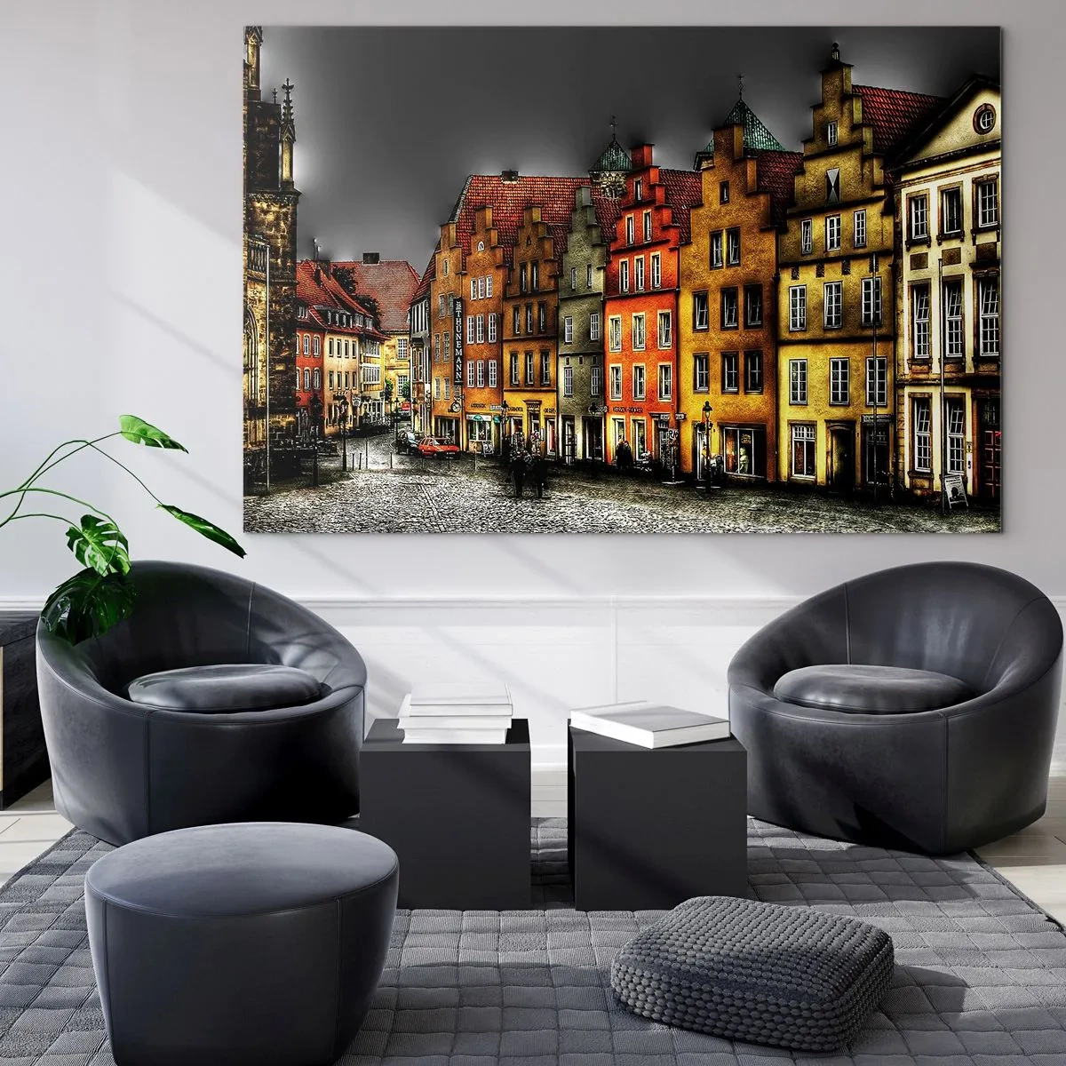 Obraz na skle - Farebné činžiakové domy na pozadí zamračenej oblohy - 70x50cm - Chýba iba kúzelná drožka - Moderná nástenná dekorácia do obývacej izby a spálne ARTTOR
