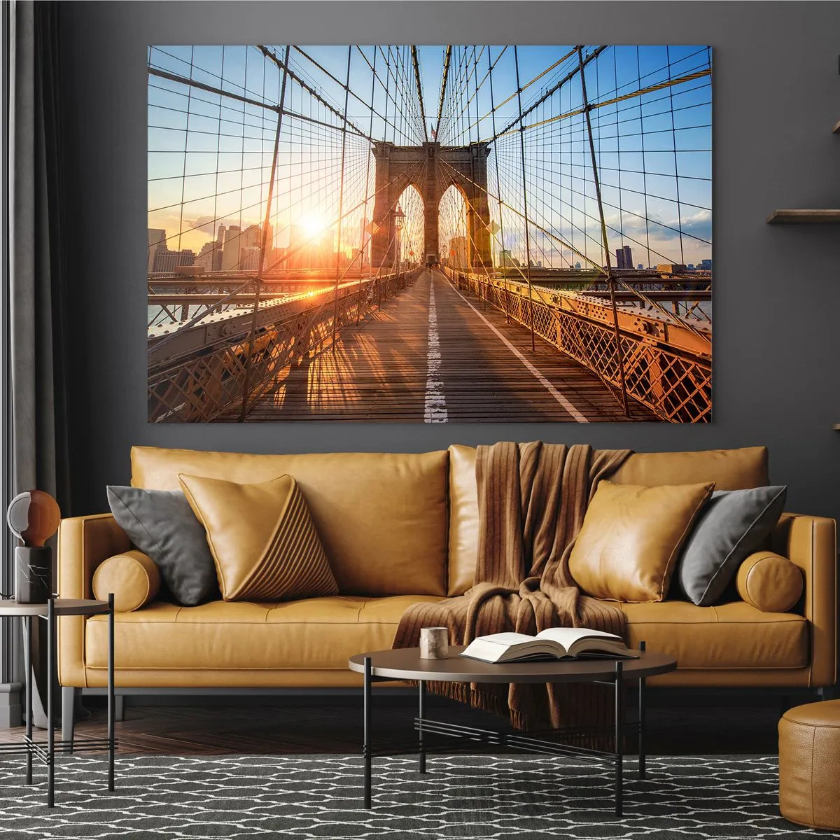 Obraz na skle - Západ slnka na Brooklynskom moste v New Yorku - 70x50cm - Na zlatom moste - Moderná nástenná dekorácia do obývacej izby a spálne ARTTOR