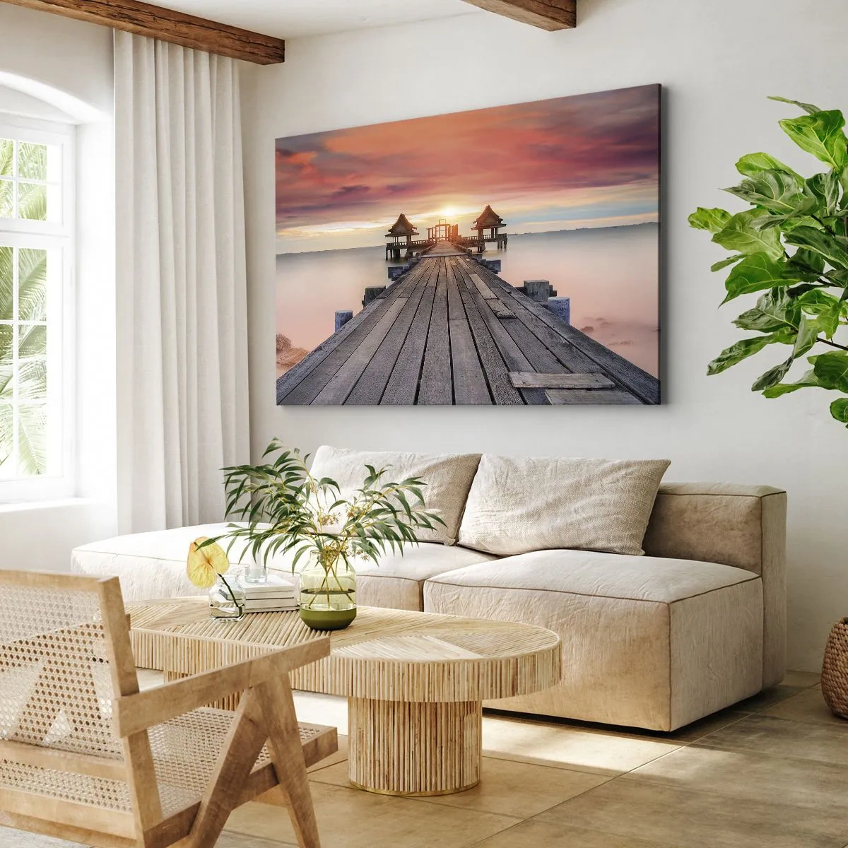 Obraz na plátne - Drevené mólo vedúce k altánkom pri západe slnka - 70x50cm - Západ na východe - Moderná nástenná dekorácia do obývacej izby a spálne ARTTOR