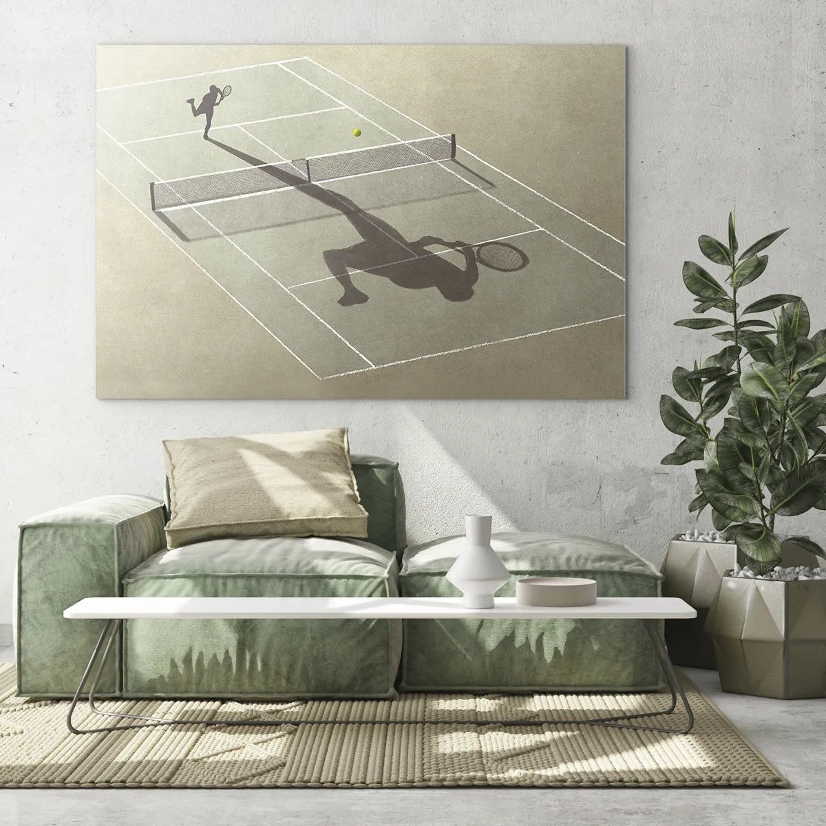 Obraz na skle - Postava tenistu a jeho tieň na kurte počas podania - 70x50cm - Dobývanie samého seba - Moderná nástenná dekorácia do obývacej izby a spálne ARTTOR