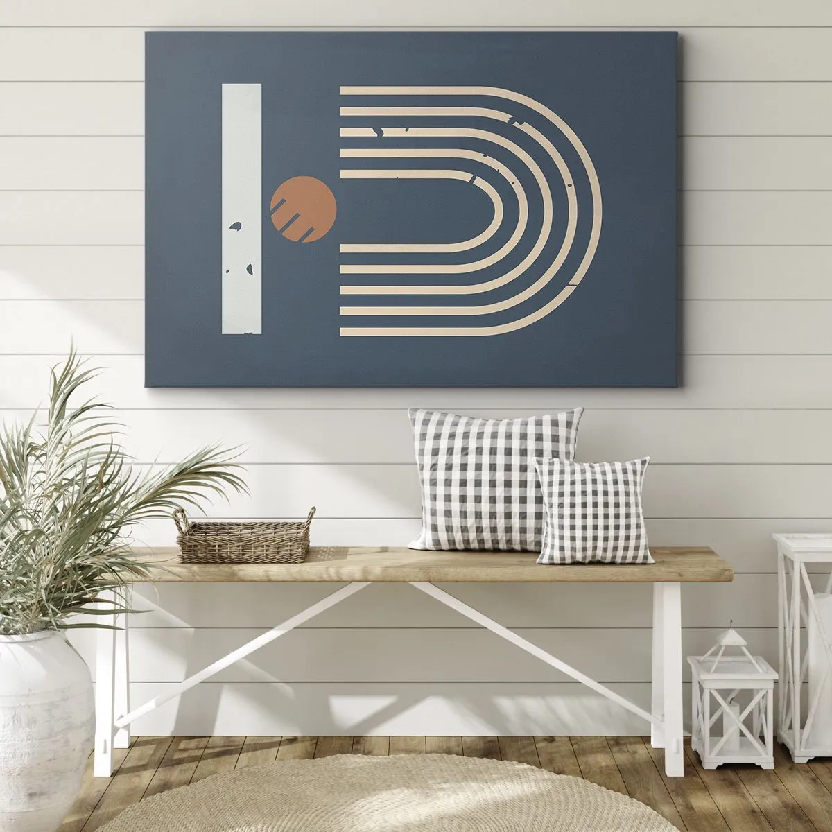 Obraz na plátne - Geometrický vzor v odtieňoch tmavomodrej, béžovej a oranžovej na tmavom pozadí - 70x50cm - Geometria v námorníckej modrej - Moderná nástenná dekorácia do obývacej izby a spálne ARTTOR