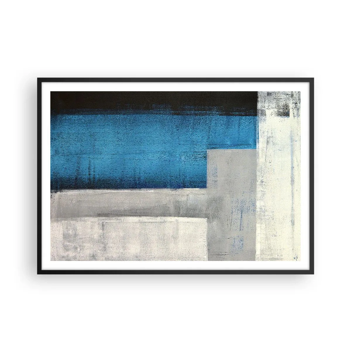 Plagát v čiernom ráme - Poetická kompozícia šedej a modrej - 100x70 cm