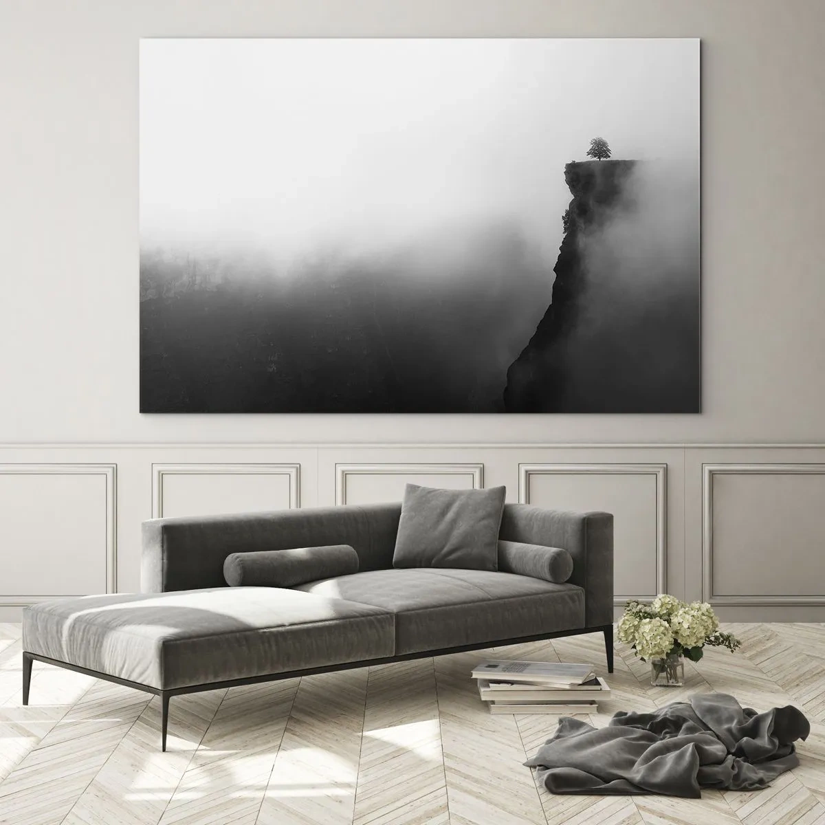 Obraz na skle - Osamelý strom na okraji útesu v hustej hmle - 70x50cm - Na okraji sveta - Moderná nástenná dekorácia do obývacej izby a spálne ARTTOR
