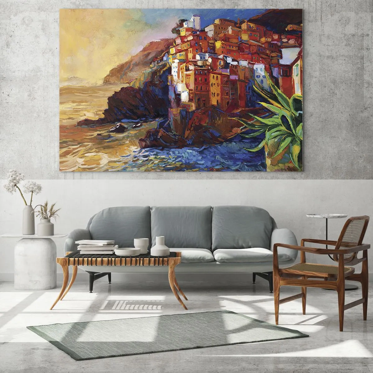 Obraz na skle - Farebné mestečko na útese s výhľadom na more - 70x50cm - Taliansky nádych - Moderná nástenná dekorácia do obývacej izby a spálne ARTTOR