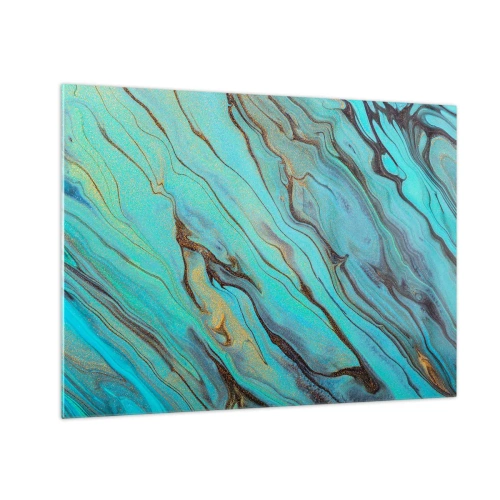 Obraz na skle - Abstraktné pruhy v tyrkysovej a zlatej farbe - 70x50cm - Tyrkysový príliv - Moderná nástenná dekorácia do obývacej izby a spálne ARTTOR