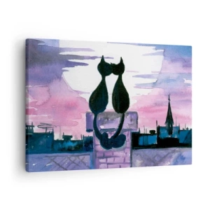 Obraz na plátne - Čierne mačky na streche v mesačnom svite v akvarelovom prostredí - 70x50cm - Rendez-vous pod mesiacom - Moderná nástenná dekorácia do obývacej izby a spálne ARTTOR