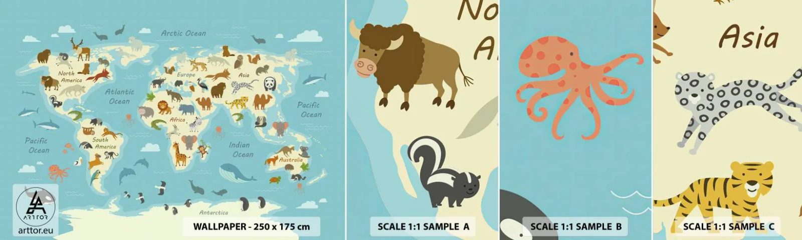 Vzorka samolepiacej fototapety Deluxe Sticker - Dobrí susedia - Mapa sveta, Mapa so zvieratami, Zvieratá - 100x30 cm