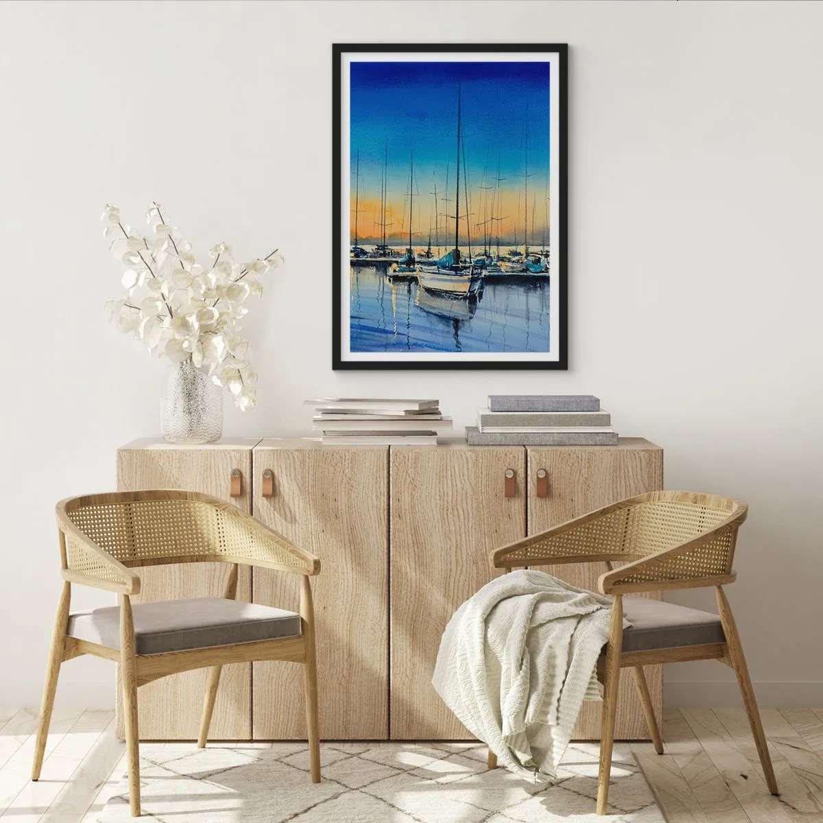 Plagát v čiernom ráme - Maliarska scéna plachetníc v prístave pri západe slnka - 50x70cm - Koniec dobrého dňa - Moderná nástenná dekorácia do obývacej izby a spálne ARTTOR
