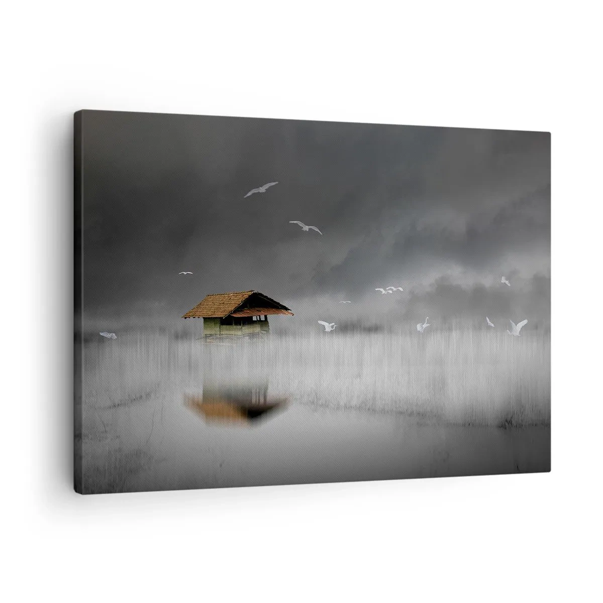 Obraz na plátne - Osamelá chata pri vode obklopená hmlou a vtákmi - 70x50cm - Úkryt pred dažďom - Moderná nástenná dekorácia do obývacej izby a spálne ARTTOR