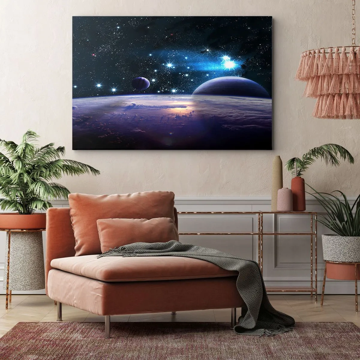 Obraz na plátne - Pohľad na vesmír s planétami a hviezdami - 70x50cm - Stále sami? - Moderná nástenná dekorácia do obývacej izby a spálne ARTTOR