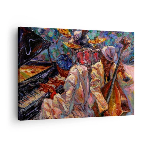 Obraz na plátne - Energická jazzová scéna s hudobníkmi a nástrojmi - 70x50cm - V jednom rytme - Moderná nástenná dekorácia do obývacej izby a spálne ARTTOR