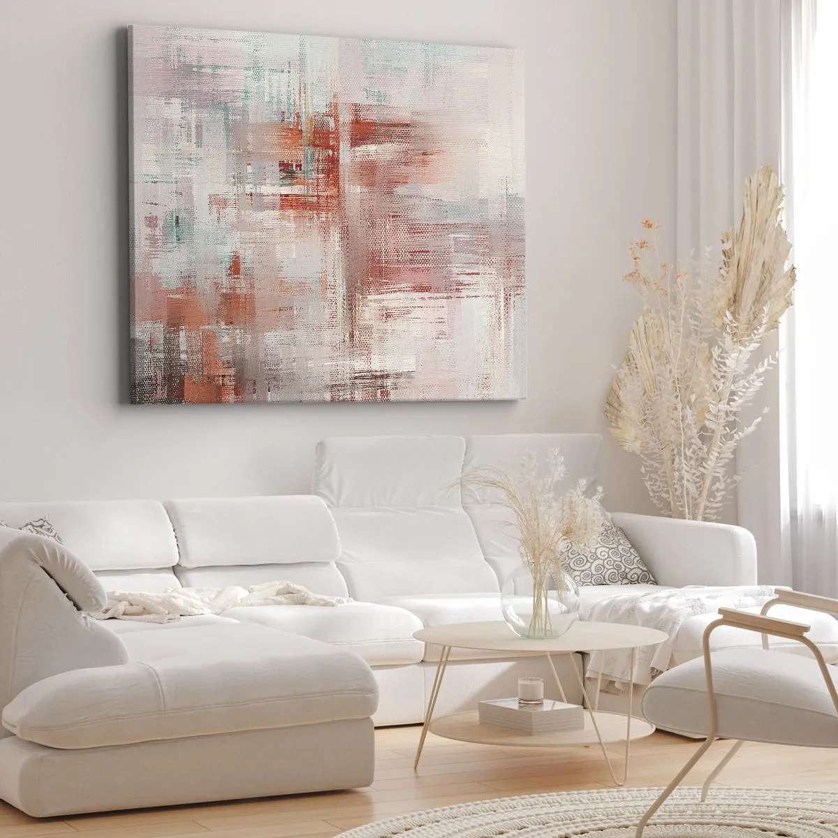Obraz na plátne - Abstraktná kompozícia s odtieňmi červenej a pastelovými farbami. - 70x50cm - Zahmlené. Ale ružové - Moderná nástenná dekorácia do obývacej izby a spálne ARTTOR