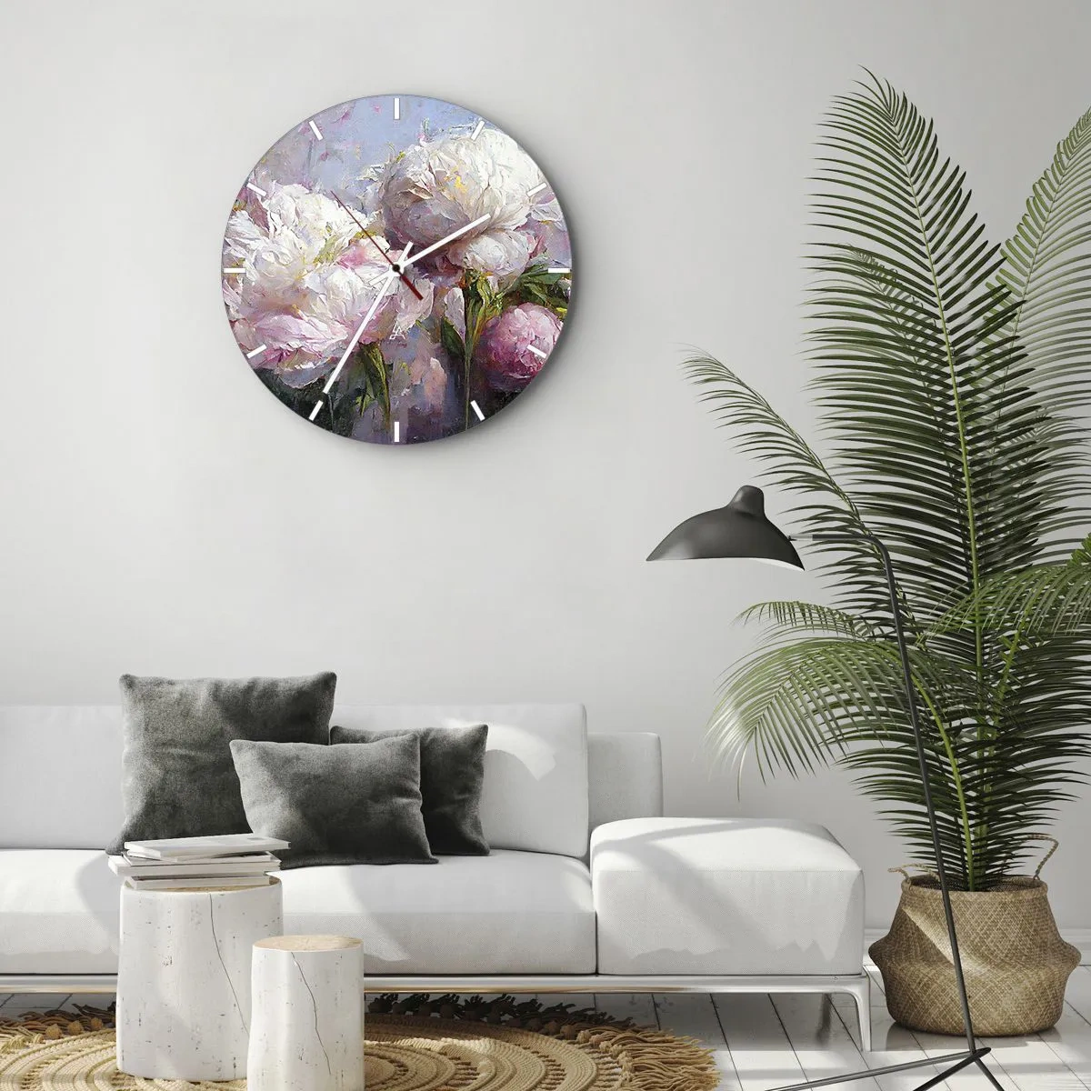 Nástenné hodiny - Kytica bielych a ružových kvetov na modrom pozadí - 30x30cm - Kytica prekypujúca životom - Moderná nástenná dekorácia do obývacej izby, kuchyne a spálne ARTTOR