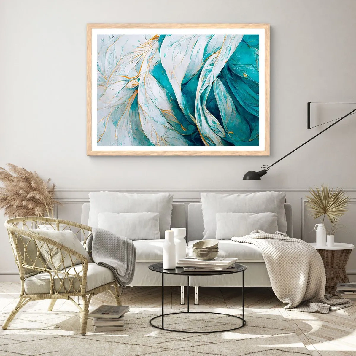 Plagát v ráme zo svetlého duba - Modrá abstrakcia so zlatým motívom - 70x50 cm