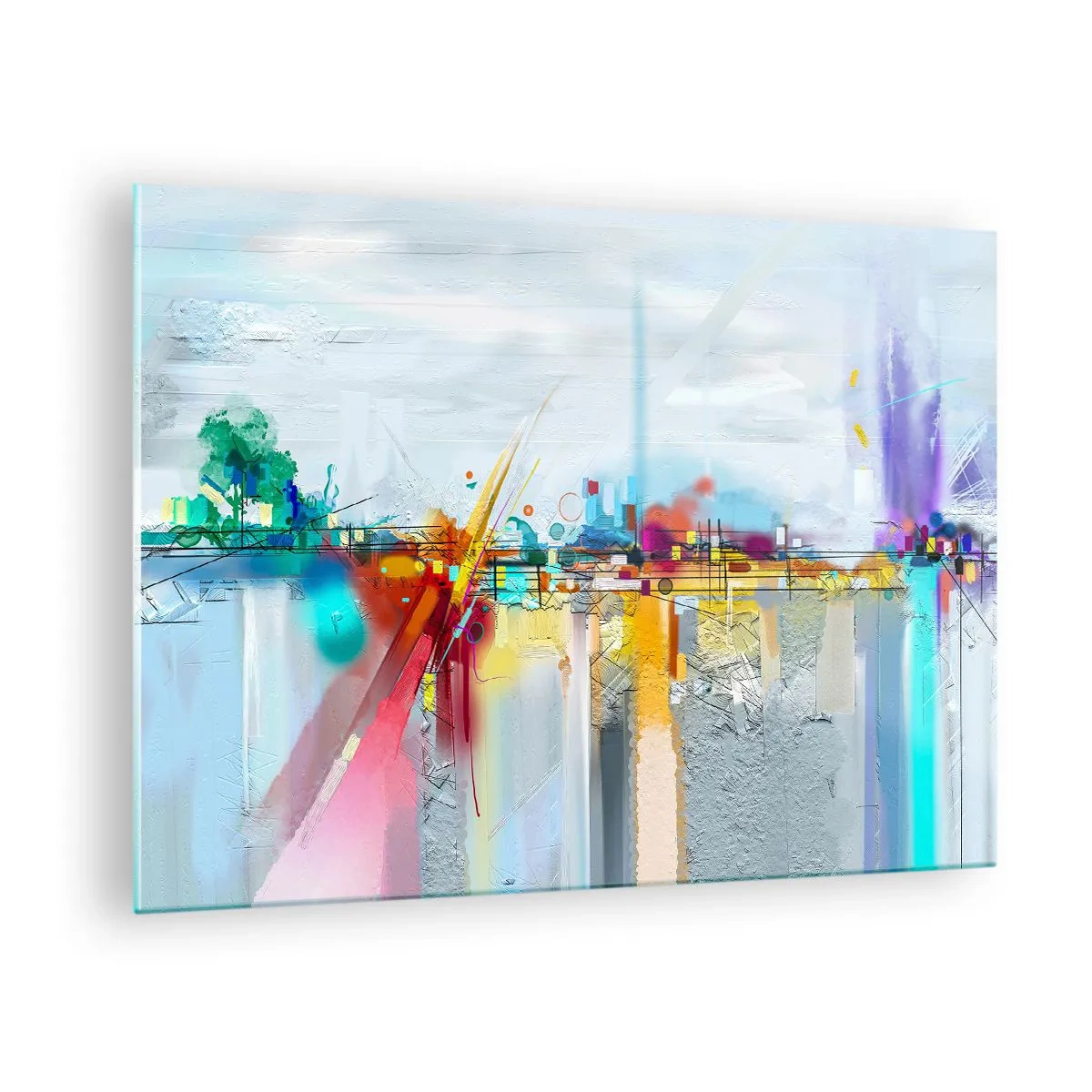 Obraz na skle - Abstraktný most v žiarivých farbách cez rieku s pastelovým pozadím - 70x50cm - Most radosti nad riekou života - Moderná nástenná dekorácia do obývacej izby a spálne ARTTOR