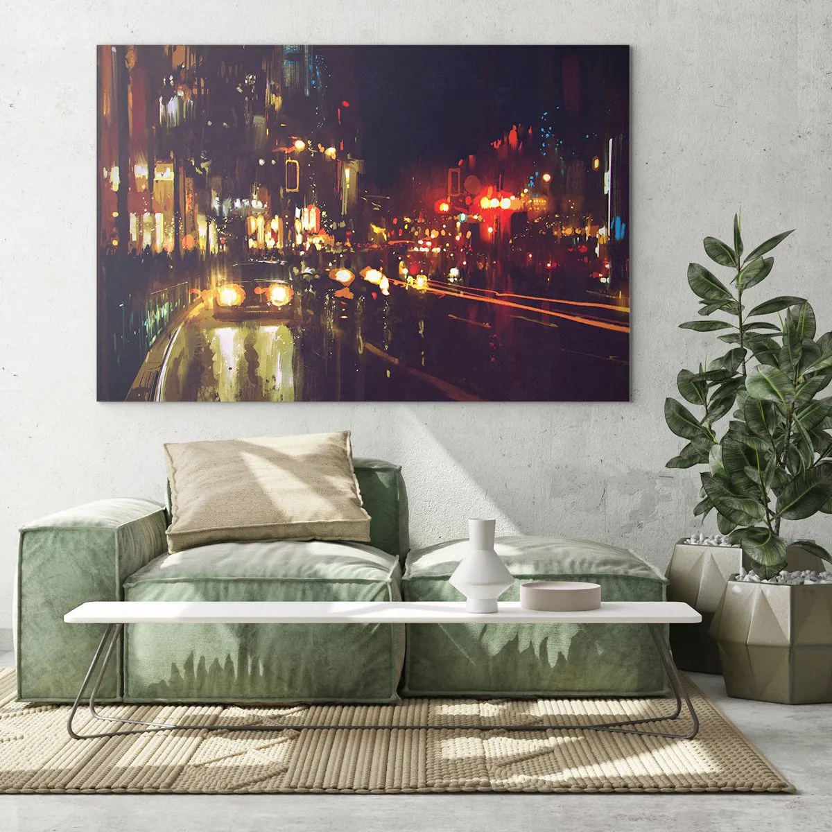 Obraz na skle - Nočná krajina mesta s autami a pouličnými svetlami - 70x50cm - Ponorená do svetiel noci - Moderná nástenná dekorácia do obývacej izby a spálne ARTTOR