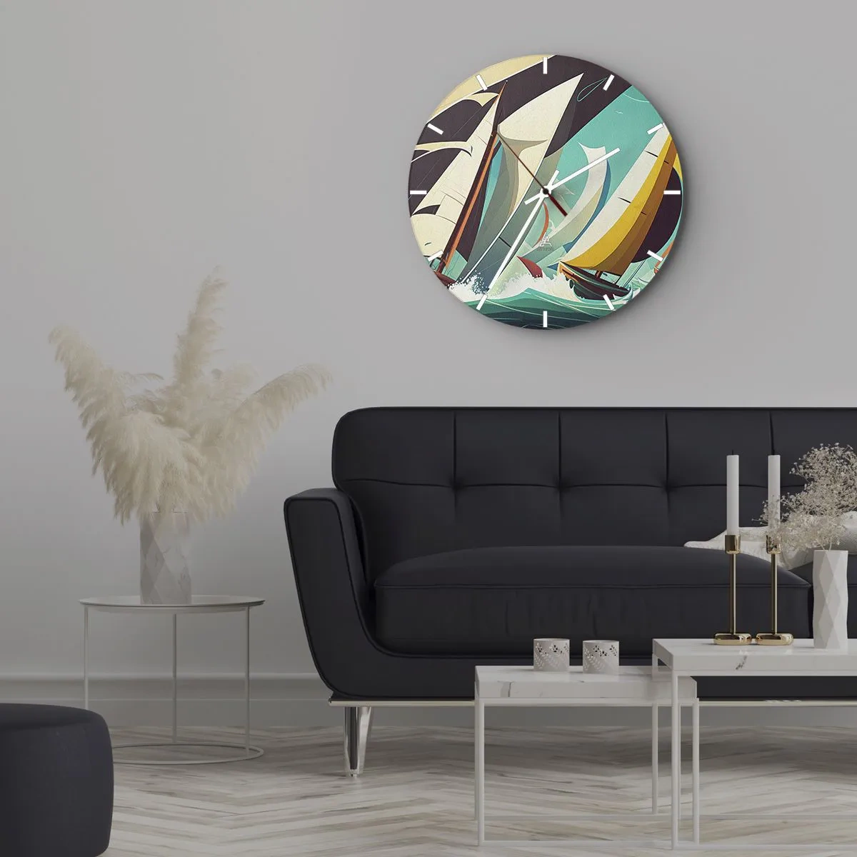 Nástenné hodiny - Plachetnice v grafickom štýle na búrlivom tyrkysovom mori - 30x30cm - Ako vychádzať so živlami - Moderná nástenná dekorácia do obývacej izby, kuchyne a spálne ARTTOR