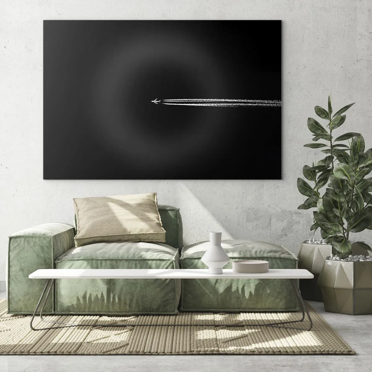 Obraz na skle - Prúdové lietadlo na čiernom pozadí s kondenzačnou stopou - 70x50cm - Do inej dimenzie - Moderná nástenná dekorácia do obývacej izby a spálne ARTTOR