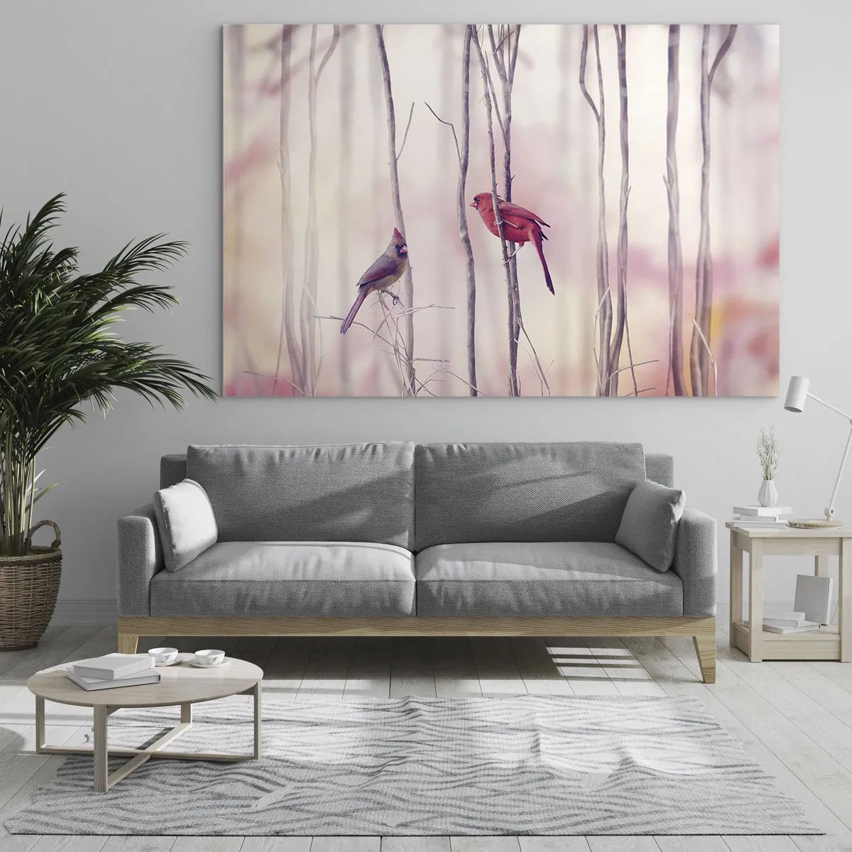 Obraz na skle - Dva vtáky medzi jemnými vetvičkami v pastelových tónoch - 70x50cm - Príbeh ružového lesa - Moderná nástenná dekorácia do obývacej izby a spálne ARTTOR