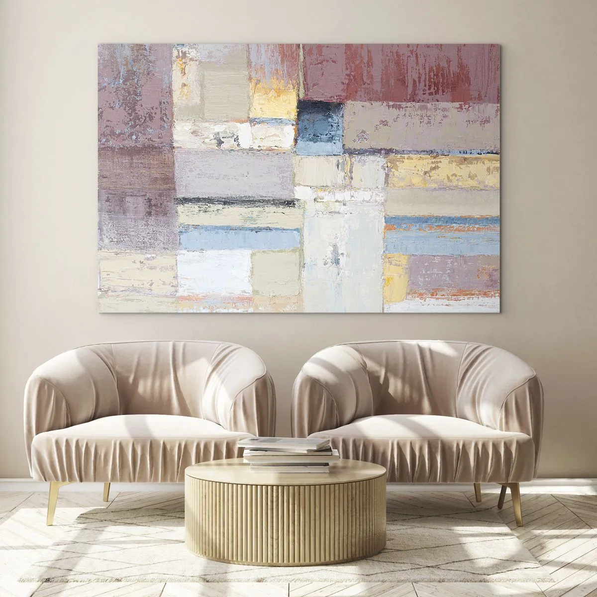 Obraz na skle - Abstraktná geometrická kompozícia v pastelových farbách - 70x50cm - Kľud geometrie - Moderná nástenná dekorácia do obývacej izby a spálne ARTTOR