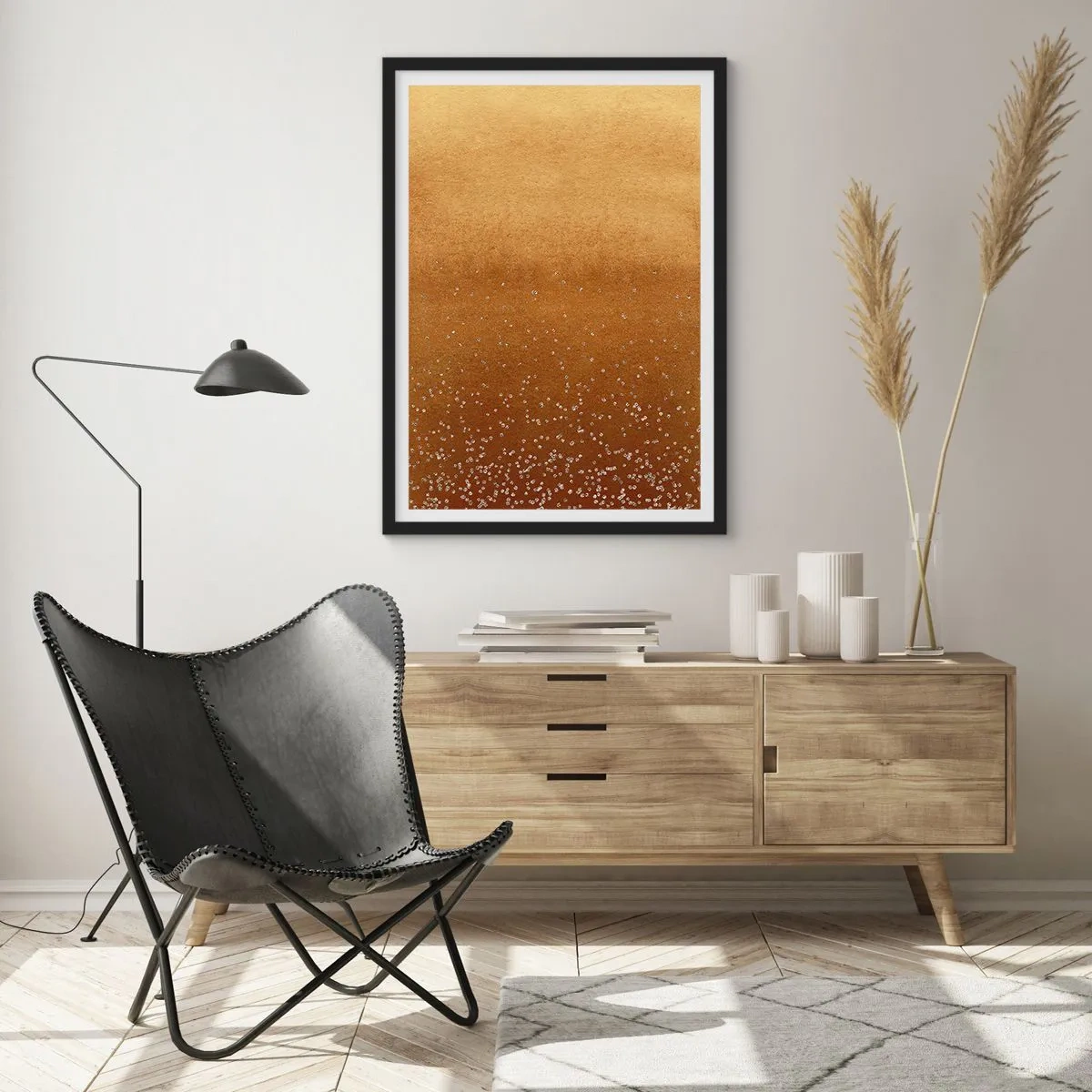 Plagát v čiernom ráme - Zlatý prechod s drobnými trblietavými prvkami - 50x70cm - Zrodenie svetla - Moderná nástenná dekorácia do obývacej izby a spálne ARTTOR
