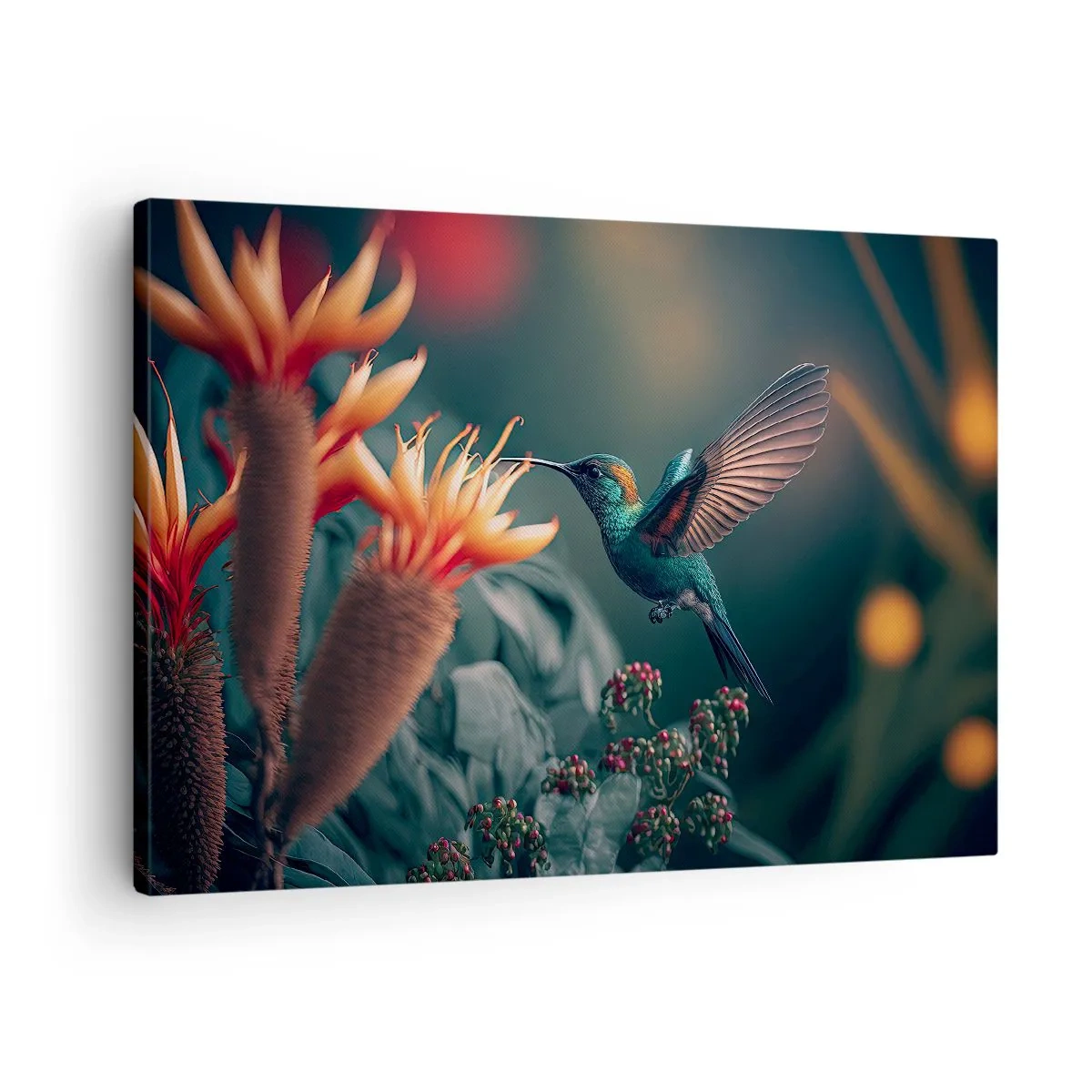 Obraz na plátne - Farebný kolibrík pri kvetoch na prirodzenom pozadí - 70x50cm - Skutočne pestrý život - Moderná nástenná dekorácia do obývacej izby a spálne ARTTOR