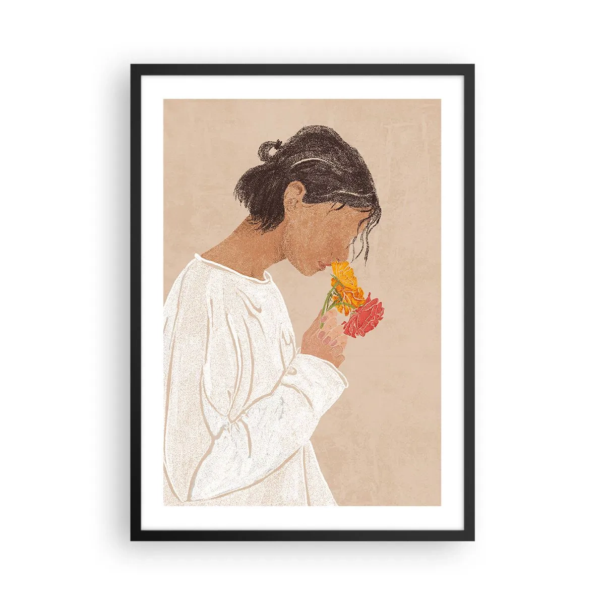 Plagát v čiernom ráme - Žena v bielom odrážajúc kvety - 50x70cm - Dievča a kvety - Moderná nástenná dekorácia do obývacej izby a spálne ARTTOR