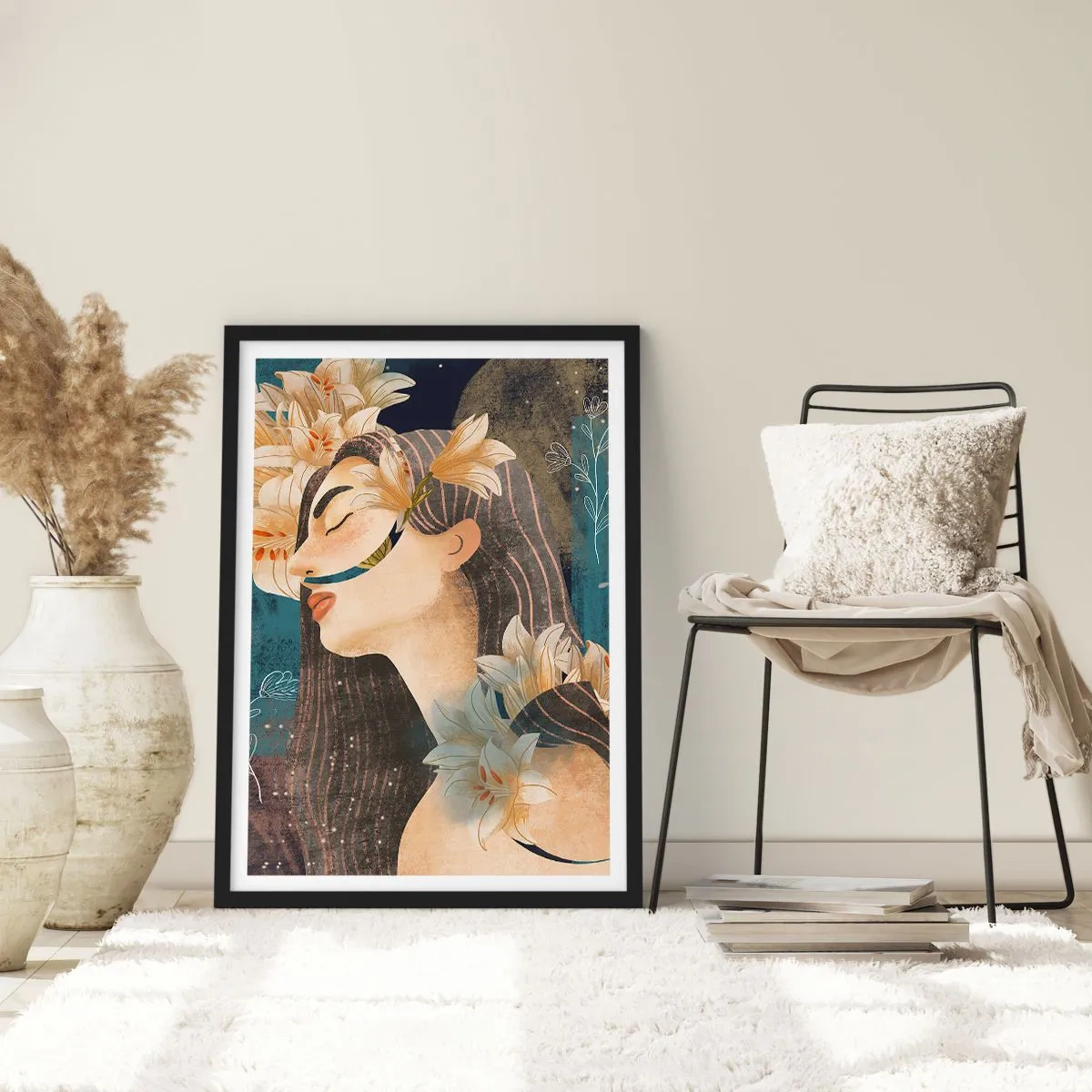 Plagát v čiernom ráme - Profil ženy obklopenej ľaliami na námorníckomodrom pozadí - 50x70cm - Rozprávka o princeznej s ľaliami - Moderná nástenná dekorácia do obývacej izby a spálne ARTTOR