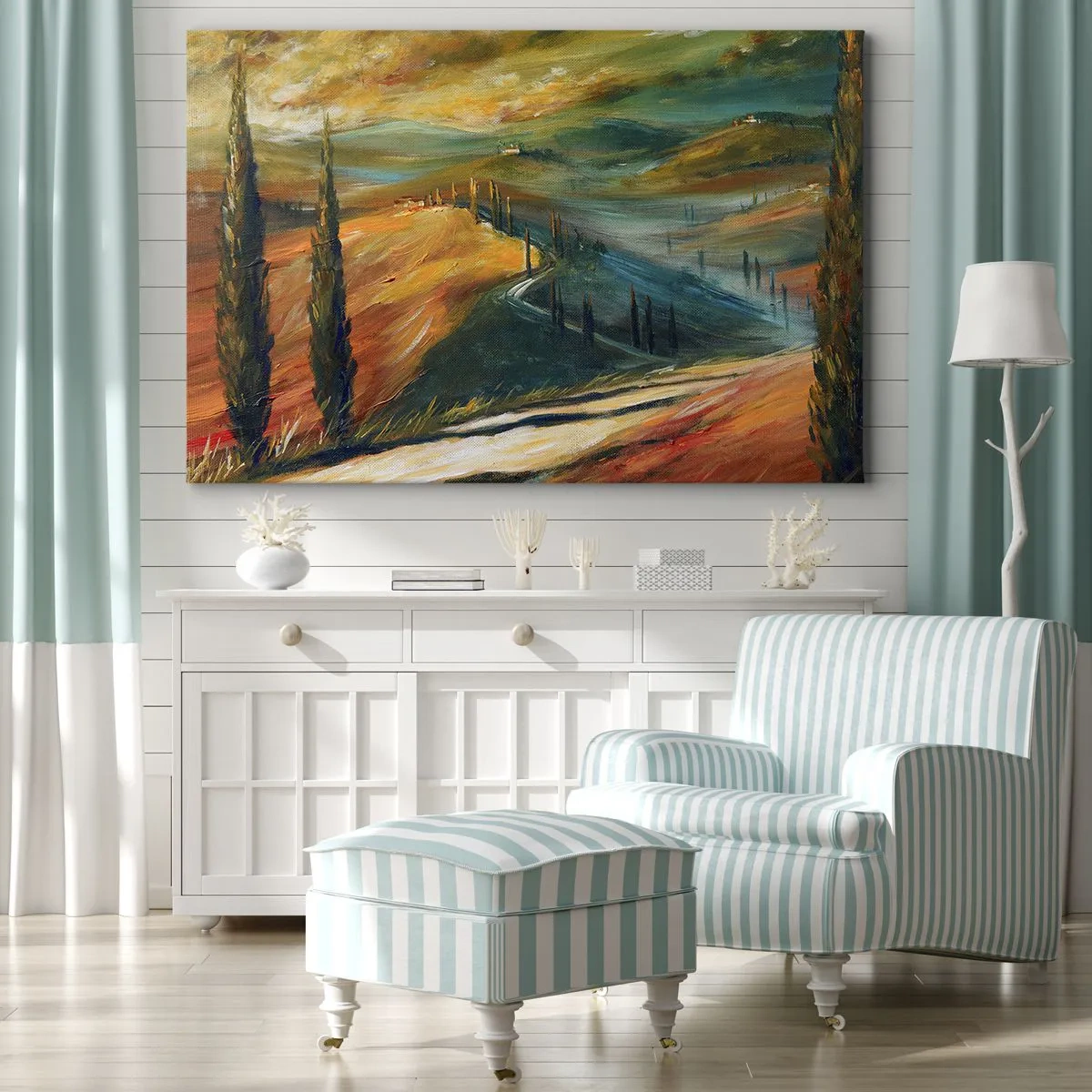 Obraz na plátne - Toskánska krajina s poľami, cestou a cyprusmi - 70x50cm - Toskánska krajina - Moderná nástenná dekorácia do obývacej izby a spálne ARTTOR